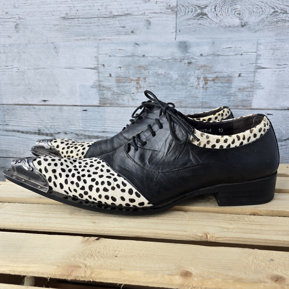 Zota G737-4 Black White Leopard Hair Lace Up Pointed Toe Shoes Metal Tip Size 10 - Picture 5 of 16